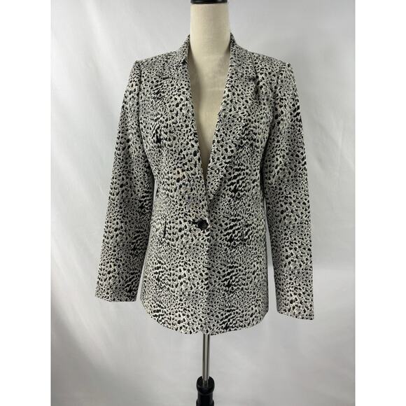 DKNY Blazer Jacket Grey Black Cream Animal Print 10 Single Breasted Pockets - Picture 9 of 9